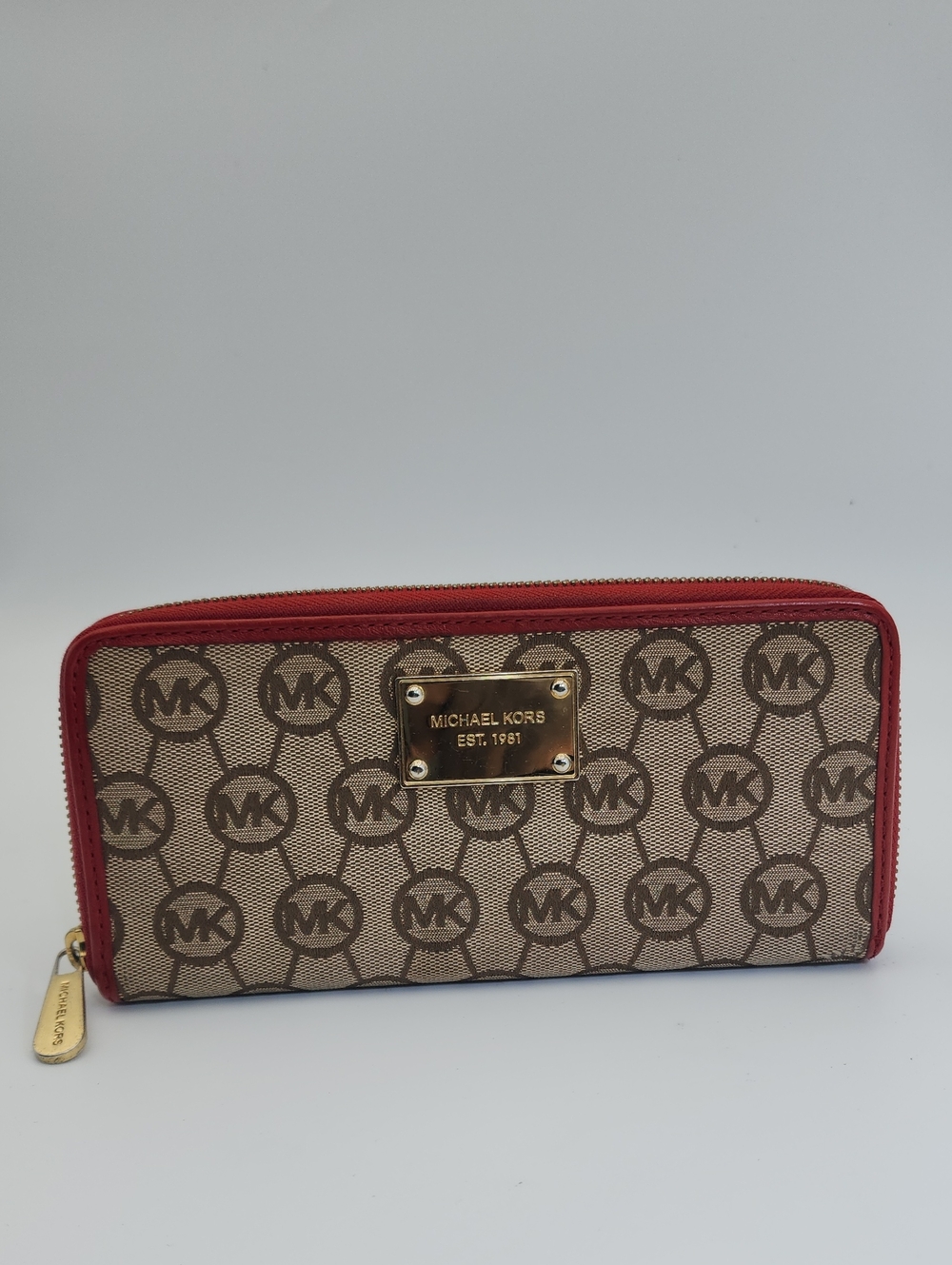 MICHAEL KORS Jet Set Continental Zip Around Wallet Beige Red Canvas Signature MK